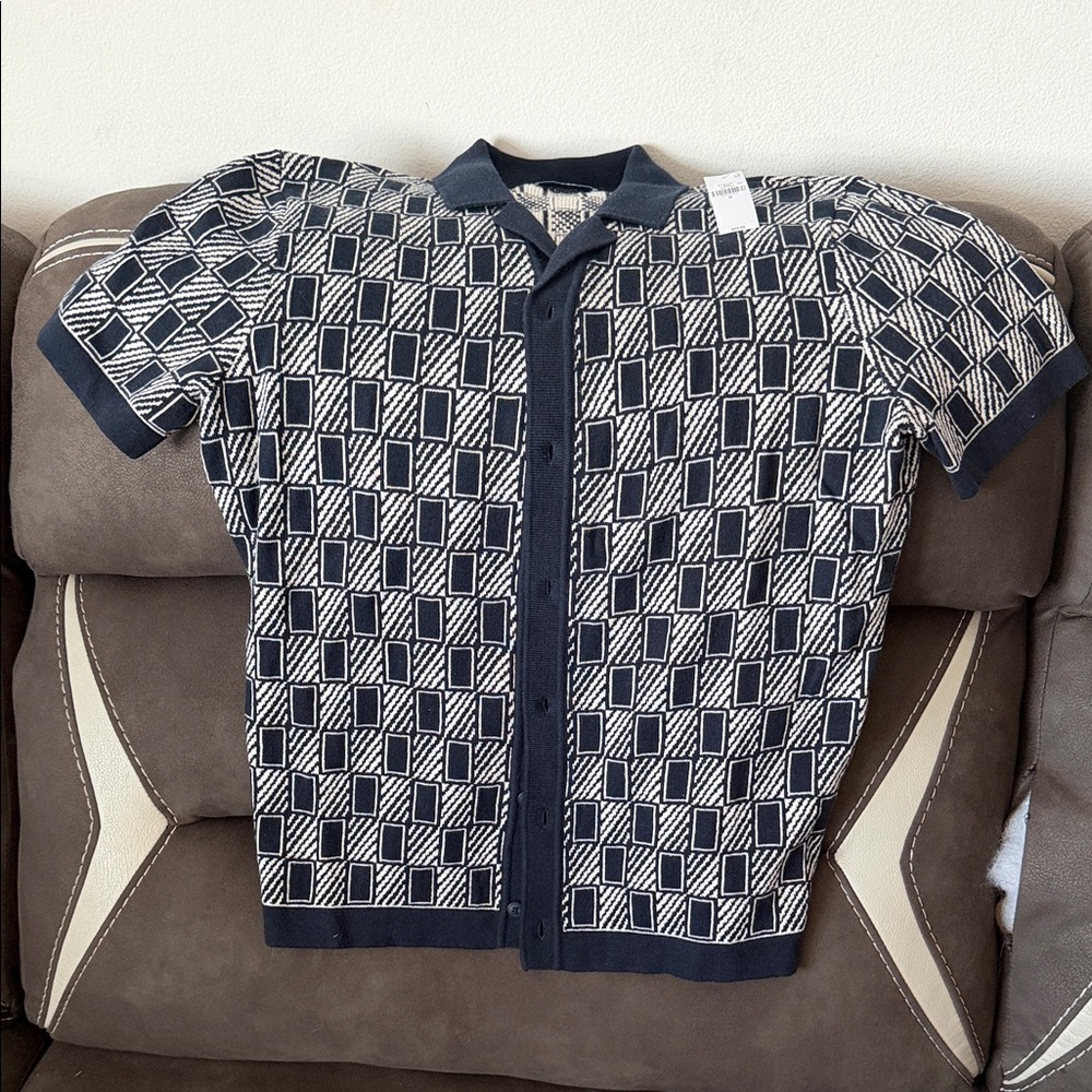 Men Old Navy Geometric Knit Short Sleeve Cardigan - Navy & White